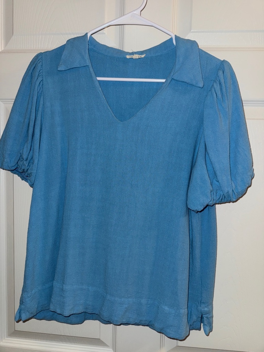 Blue V-Neck Puff Sleeve Top Jodifl medium rayon/linen blend